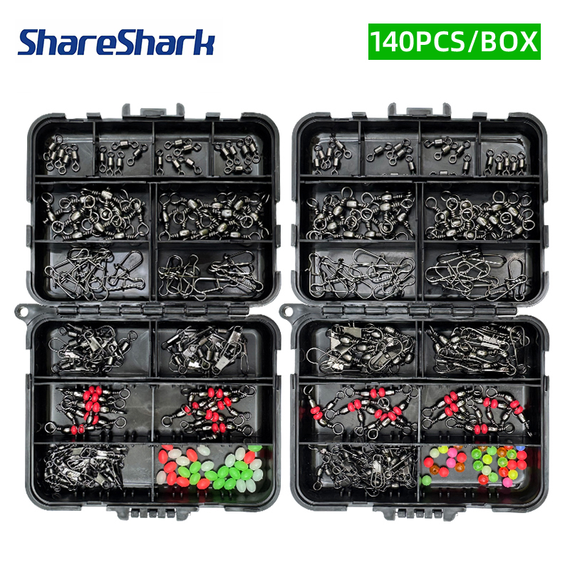 Fishing Hook Offset - ชุดอุปกรณ์ตกปลา ShareShark 140 ชิ้น, ชุดลูกปัดกันหลุดสำหรับตกปลาพร้อมกล่องสีดำ, เหมาะสำหรับนักตกปลา